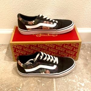 Black lace up checkered floral vans